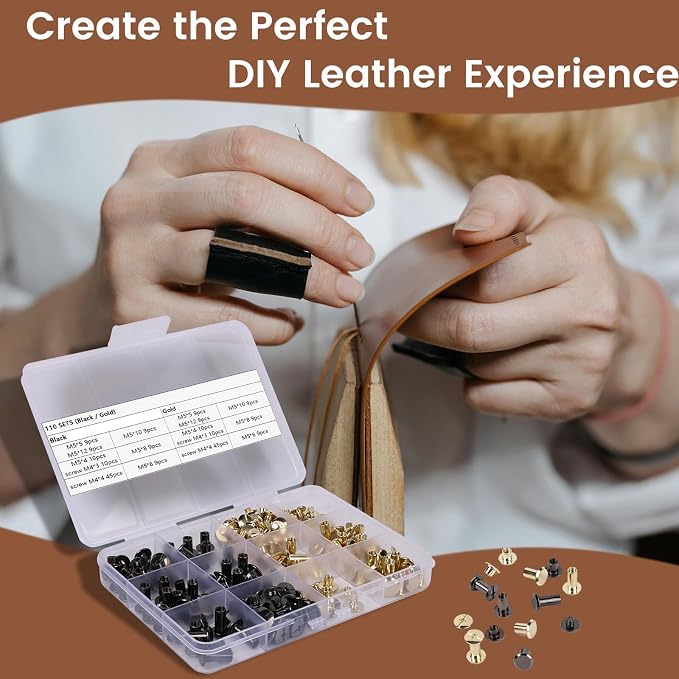Leather Rivets, AIIQESBT 110 Pcs Chicago Screws with 2 Pcs Tool Set, Chicago Screw Rivets Assorted Kit for Decorate & Repair Leather Crafting, Bookbinding, Custom-Made Items (Gunmetal Black & Gold)