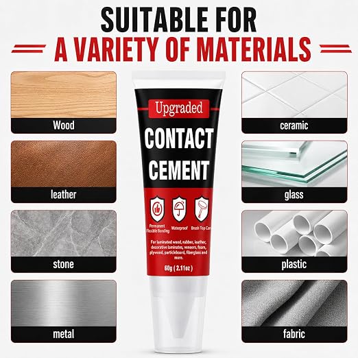 Contact Cement Adhesive 2.11 Oz, High Performance Neoprene Contact Adhesive with Brush, Flexible & Strong Contact Cement Glue for Woodworking, Leather, Furniture Repairs and DIY Crafts