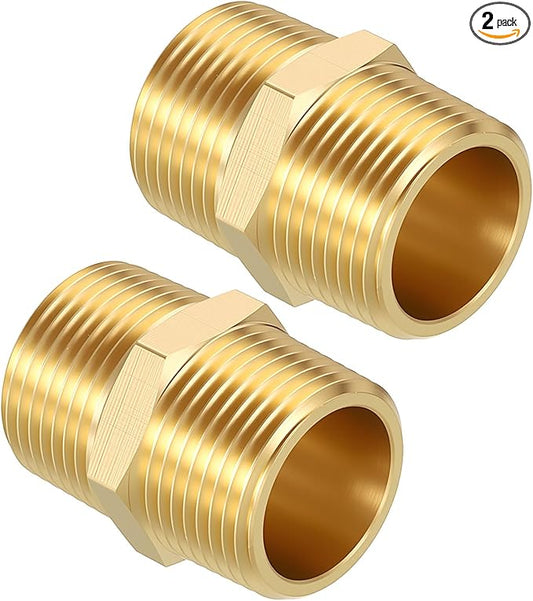 Pack of 2, 3/4" Male NPT to 3/4" Male NPT Solid Brass Hex Nipple Hose Connectors, Male Pipe Adapter for Pipe Leak Repair, Bathroom Remodeling, Tool Extensions, Compression