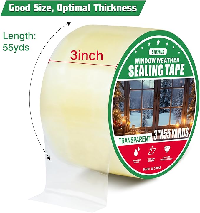1Pack Window Weather Sealing Tape, 3in x 55y,Clear Window Insulation Tape for Doors Windows and Shower Glass Gaps,‎Waterproof,No Residue