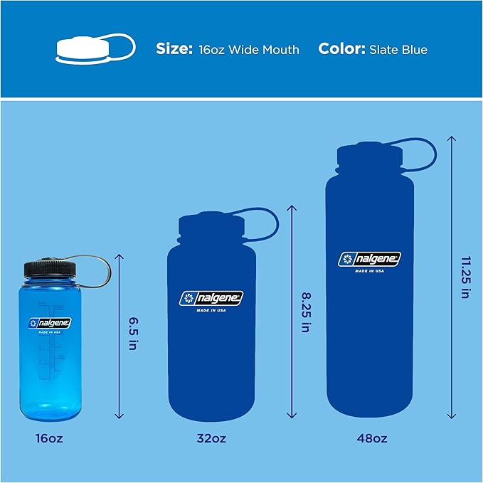 Nalgene 16 oz Wide Mouth Water Bottle | Slim Cup Holder Size, BPA-Free, Durable & Leak Proof, Lightweight Travel Bottle, Slate Blue