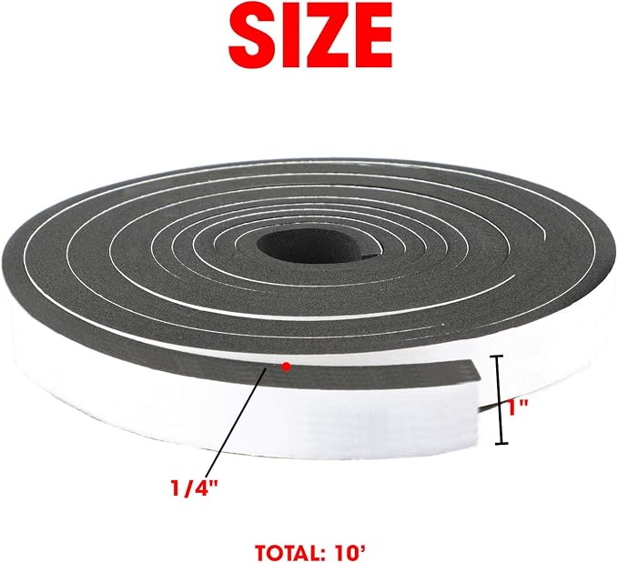 Neoprene Foam Strip Roll By Dualplex, 1" Wide x 10' Long x 1/4" Thick, Weather Seal High Density Stripping with Adhesive Backing – Weather Strip Roll Insulation Foam Strips