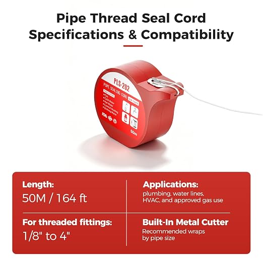 Ukoke 164ft Pipe Thread Sealant Cord for NPT Fittings (1/8”–4”) – Professional Plumber’s Grade Thread Seal String – Leak-Proof Upgrade for Water, Gas, HVAC & Solar – 50m