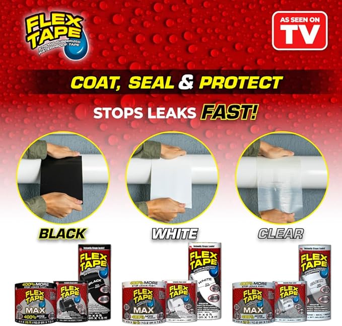Flex Tape, MAX, Original Thick Flexible Rubberized Waterproof Tape - Seal and Patch Leaks, Works Underwater, Indoor Outdoor - Home RV Roof and Pool Repairs, White, 4 in x 25 ft, Pack of 1