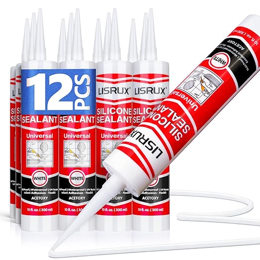 LISRUX Supreme Silicone Caulk for Kitchen & Bathroom, White, 10 fl oz Cartridge, 12 Pack - 100% Waterproof Silicone Sealant, Stronger Adhesion, Shrink & Crack Proof