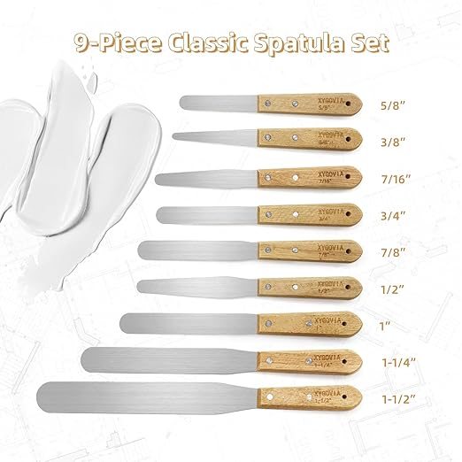 9-Piece Caulking Spatula with Wooden Handle, Professional Stainless Steel Caulk Tool Set Finishing Tools, Streamline Spatulas for Caulk Application