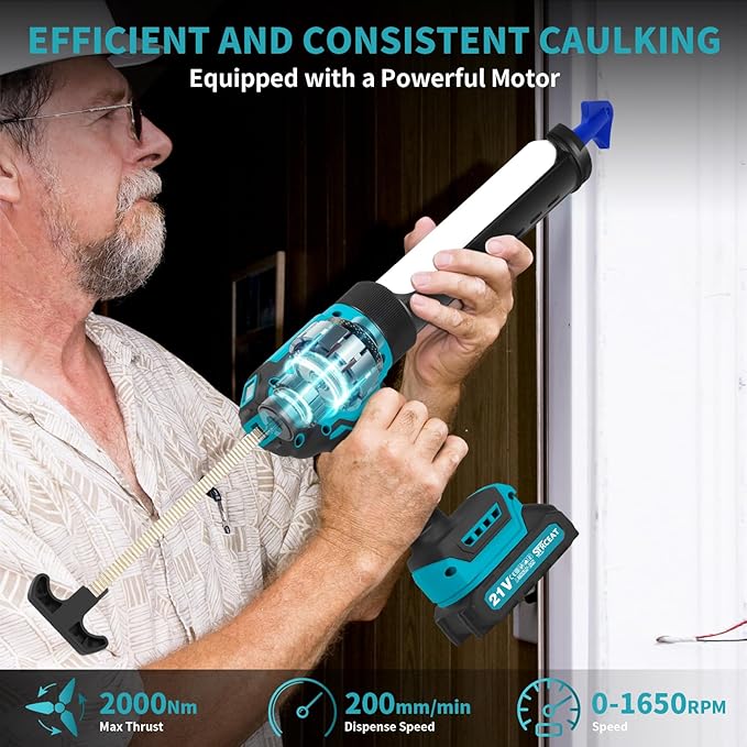 Cordless Caulking Gun, 21V Battery Powered Caulk Gun, Electric Caulking Gun w/2 x 2.0Ah Batteries, 9Pcs Caulk Remover Tool, LED Light, Auto Retract for Filling, Sealing