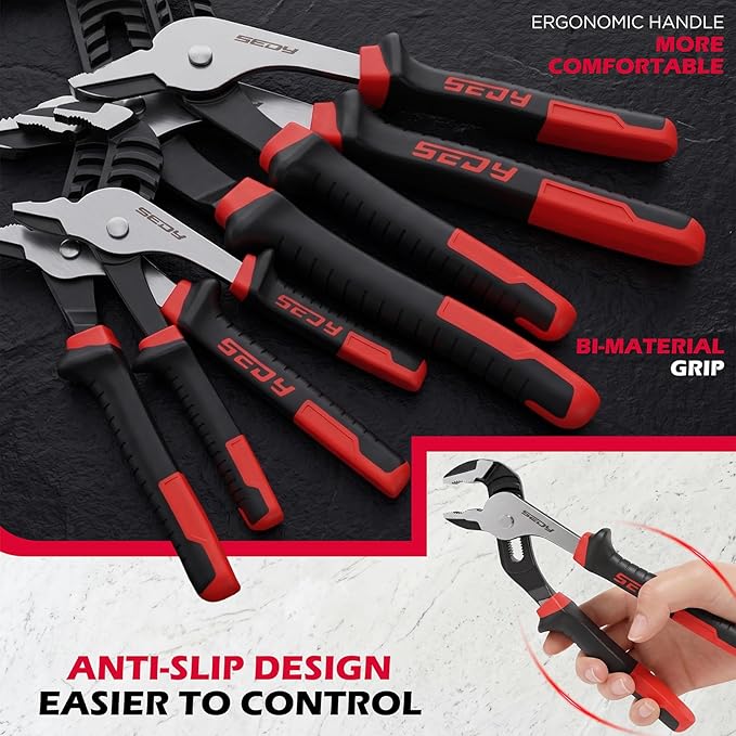 4-Piece Groove Joint Pliers Set, 12" 10" 8" 6" Adjustable Water Pump Pliers with Non-Slip Handles, Straight Jaw Tongue and Groove Pliers for Plumbing, Pipe Fittings, Nuts, Bolts and Home Repair
