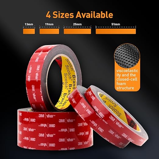 Double Sided Tape Heavy Duty Mounting Tape 1/2" x 18Ft Made of 3M 5925 Strong Adhesive Waterproof Foam Tape Perfect for Automotive Home Office Decor Indoor and Outdoor Walls (Pack of 2)