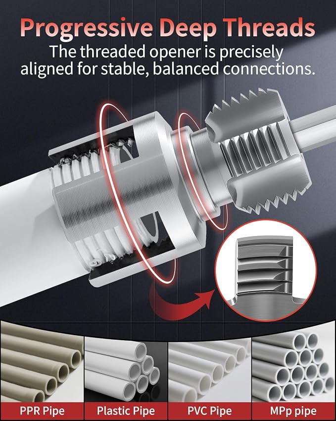 3PCS PVC Pipe Threader Kit for Drill,Internal & External Threads | Fits 1/2", 3/4" and 1" PVC pipes; drill-compatible tools create clean internal and external threads for plumbing repairs.