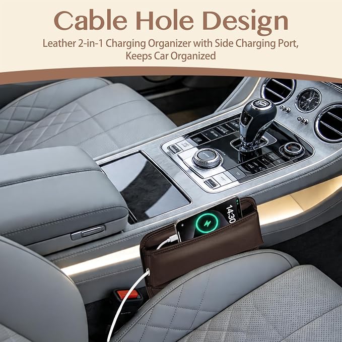 Car Seat Gap Filler with Cable Holes PU Leather Black 1-Pack | Car seat gap filler for 0.5 to 1.2 inch gaps with cable routing holes anti slip padded base phone wallet keys PU leather
