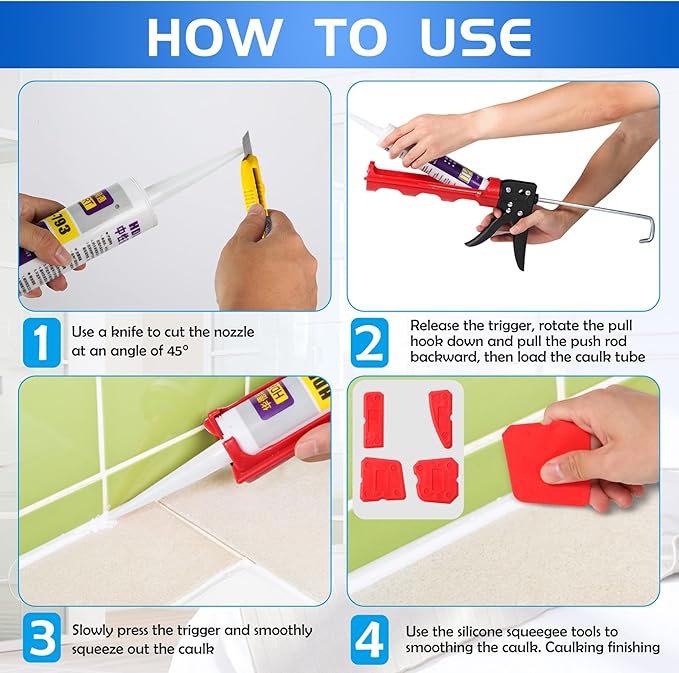 Drip-free Caulking Gun Ratchet Rod Caulk Gun Applicator 15:1 Thrust Ratio Labor-saving Lightweight Nylon Frame Cartridge Gun Fits 10oz/310ml Standard Caulk Tubes with Silicone Finishing Tools