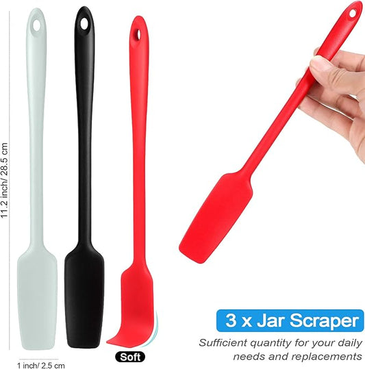 Patelai 3 Pieces Silicone Jar Spatula Long Handle Rubber Spatula Heat Resistant Non-Stick Silicone Scraper Kitchen with Stainless Steel Core for Baking(Red, Black, Light Green)
