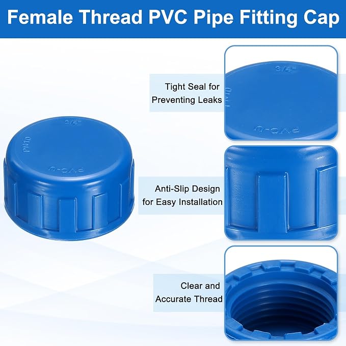uxcell 12Pcs 3/4 Inch PT Female Thread PVC Pipe Fitting Cap, Cleanout Water Drain End Caps, Pipe Plug Socket Fittings with Tape for Water Heater Supply Lines, Plumbing, Blue