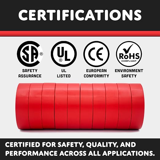 TradeGear Red 10 Pack - UL Listed Colored Electrical Tape, 60 ft x 3/4 in, 600V, Flame Retardant, Waterproof, Rubber Adhesive - Phase Marking, Wire ID, Automotive