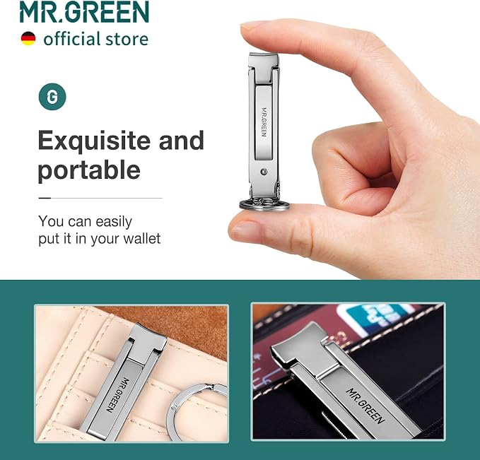 MR.GREEN Collapsible Nail Clippers Small and Thin Portable Travel Nail Scissors Cutter Stainless Steel Manicure Tools with Nail Files (Blue Leather Case+ Iron Box)