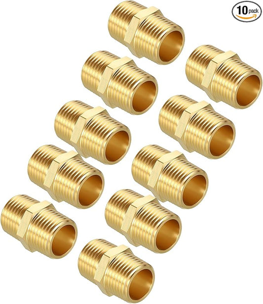 Packs of 10, 1/2" Male NPT to 1/2" Male NPT Solid Brass Hex Nipple Hose Connectors, Male Pipe Adapter for Pipe Leak Repair, Bathroom Remodeling, Tool Extensions, Compression