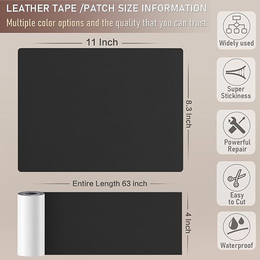 Self Adhesive Leather Repair Patch Kit, 4" x 63" Large Vinyl Leather Repair Tape for Furniture, Car Seat, Couch, Sofa, Chair Smooth Black