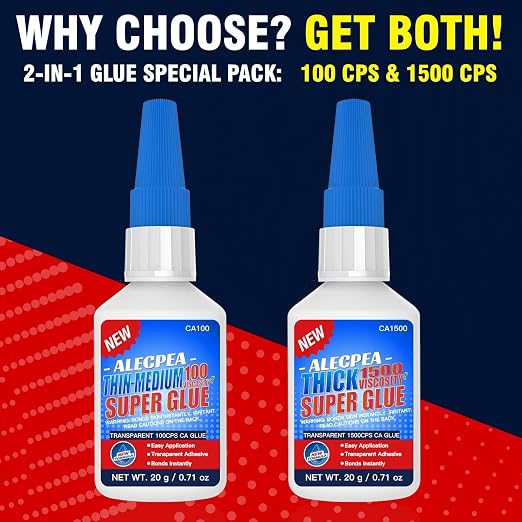 40g(1.4oz) 100/1500 CPS (Thin/Thick) CA Glue, Cyanoacrylate Super Glue for Wood, Glass, Metal, Paper, Leather, Plastic, Ceramic, Rubber, Jewelry, Woodworking, Hobby Models, and Craft Project