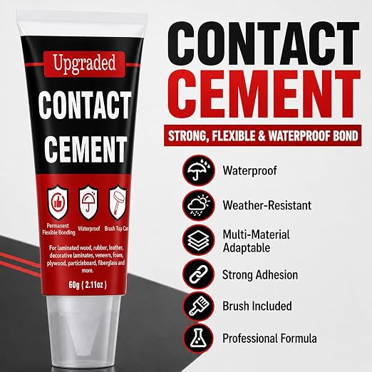 Contact Cement Adhesive 2.11 Oz, High Performance Neoprene Contact Adhesive with Brush, Flexible & Strong Contact Cement Glue for Woodworking, Leather, Furniture Repairs and DIY Crafts