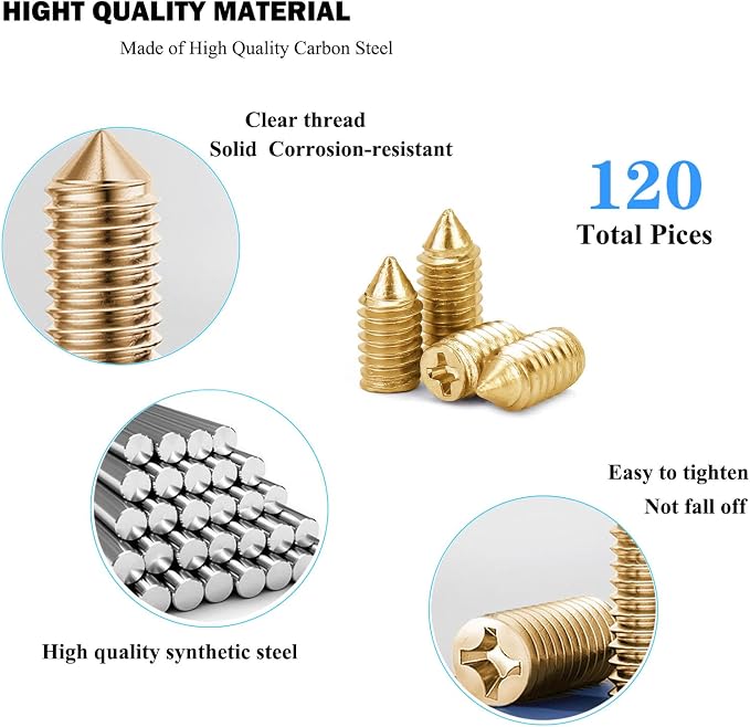 120 pcs Nickel Plated Tip Screws Pointed Cross Slot Leather Accessories 12 Sizes Gold Belt Screws Include M2*3-M2*6, M2.5 * 3-M2.5 * 8, M3*3-M3*8 with 2mm Screwdriver for Belt Buckle Wallet Handbag