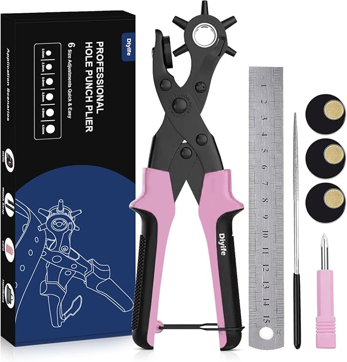 Leather Hole Punch Set, Diyife Revolving Punch Plier Kit, Multi Sized for Belt, Watch Band, Shoes, Crafting, Saddles, Handbag Straps, Fabric or DIY, Pink
