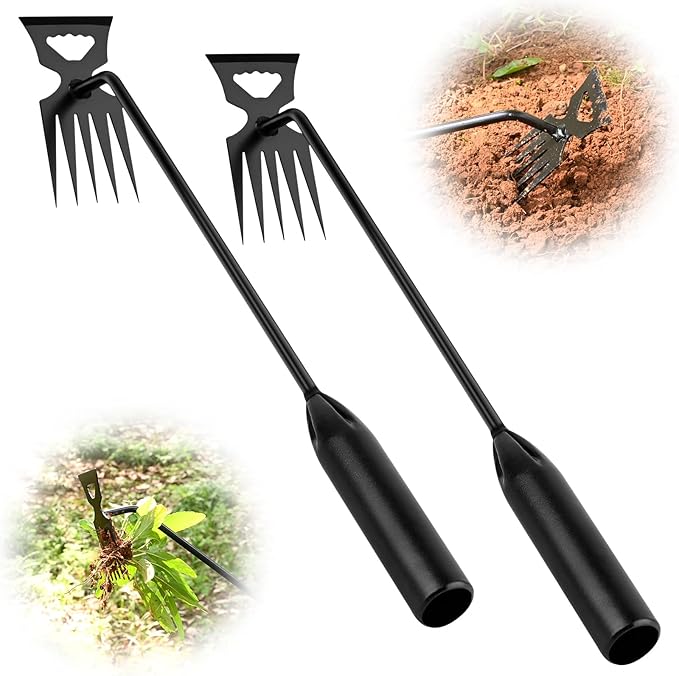 BokingOne Weed Puller Tool Garden Weed Pulling Tool, 4-Tine Manganese Steel Weeder Tool - Black Coated Forged Portable Garden Hand Weeder for Farm, Orchard & Garden (2Pack)