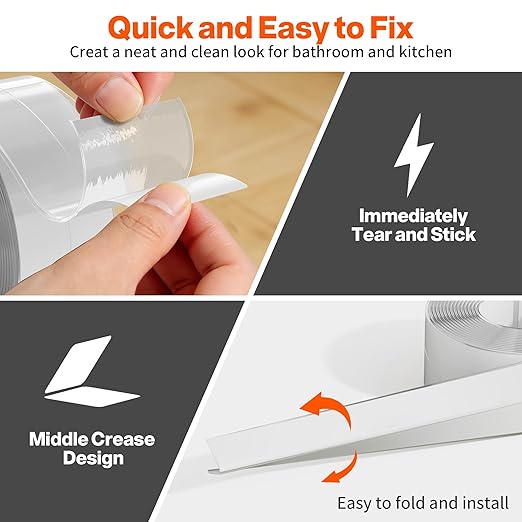Dstorelhp 2 Rolls Clear Caulk Tape Waterproof Self Adhesive, Bathroom Peel and Stick Caulking Tape for Toilet Tub Shower Wall Trim, Easy to Install (1.5" x 10.5Ft)