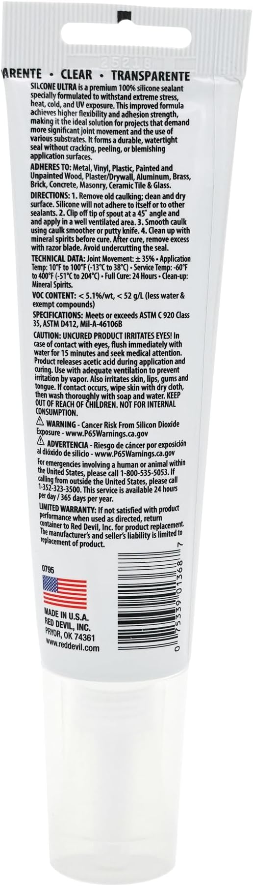 Red Devil 0795 StormGuard 920 100% RTV Silicone Sealant, 2.8 oz. Tube, Clear, 1 Pack