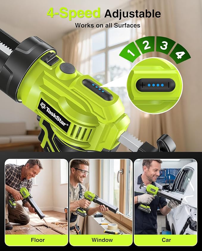 Taskstar Cordless Caulking Gun with Battery, Electric Caulking Gun with Caulking Tool 3 in 1, LED Light and 4-Adjustable Speed, Automatic Silicone Gun No Drip Compatible with Makita 18-21V Battery