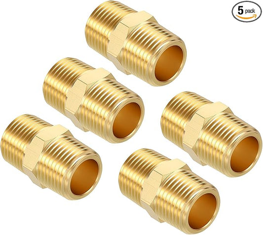 Pack of 5, 3/8" NPT Male to 3/8" NPT Male Solid Brass Hex Nipple Hose Connectors, Male Pipe Adapter for Pipe Leak Repair, Bathroom Remodeling, Tool Extensions, Compression