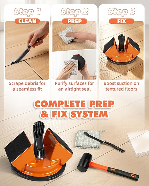 Floor Gap Fixer Tool Kit with Rubber Mallet, Dual 45° Striking Tool for Laminate & Vinyl Plank Flooring, Heavy Duty Suction Cup Set with 8 Sticky Pads & Gap Cleaning Brush