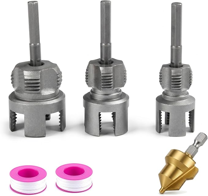 KIMPOK PVC Pipe Threader Tool Set, NPT Dies for 1/2, 3/4, 1 in Pipe | Heavy duty carbon steel NPT dies with 1/4 hex shank, internal pipe wrench and 2 seal tapes for drill powered PVC repair