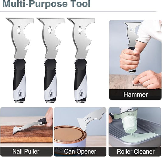 Mister Rui 2 Pack 10 in 1 Putty Knife - Multi Use Painters Tool, Taping Knife, Paint & Metal Scraper with Hammer End, Razor Blade Spackle Tool