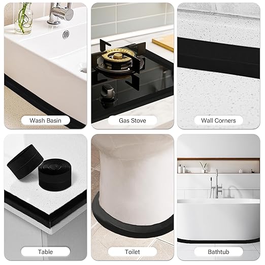 3 Rolls 1.5 Inch Caulk Tape Self Adhesive Toilet Caulking Strip Bathroom Sealing Caulk Strip Peel and Stick Bathtub Caulking Tape, 10.5 Feet Each Roll (Black)