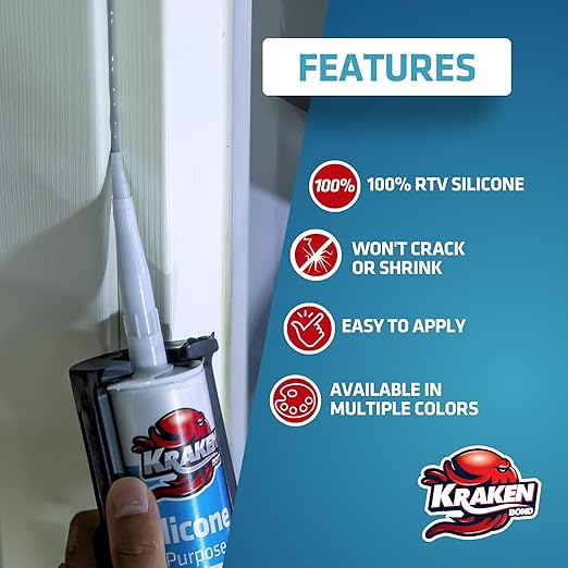 Kraken Bond White Silicone Sealant Waterproof% 100-10 fl oz Cartridge - RTV Silicone Caulk Kitchen and Bathroom, All Purpose, Window Caulking Sealant Outdoor, RV, Exterior Use Silicon - 12 Pack