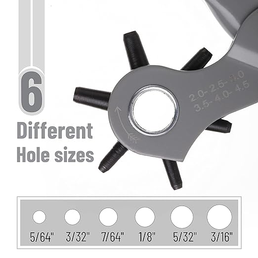 UNCO- Leather Hole Punch Tool, 5/64", 3/32", 7/64", 1/8", 5/32", 3/16" | 6 Different Hole Sizes, Durable Hole Punch for Watch Bands, Straps, Dog Collars, Saddles, Shoes, Fabric, DIY Craft Projects