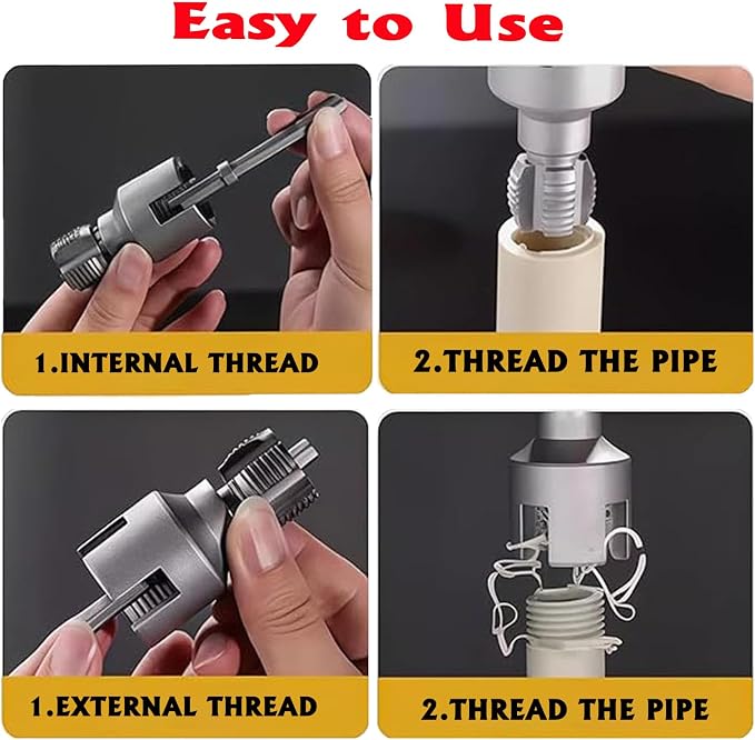 PVC Pipe Threader Kit, 3 Piece Set, 1/2", 3/4", 1" NPT, Internal and External Threading, Compatible with Electric Drill for PVC, PPR, MPP Pipes (1/2in+3/in+ 1in)