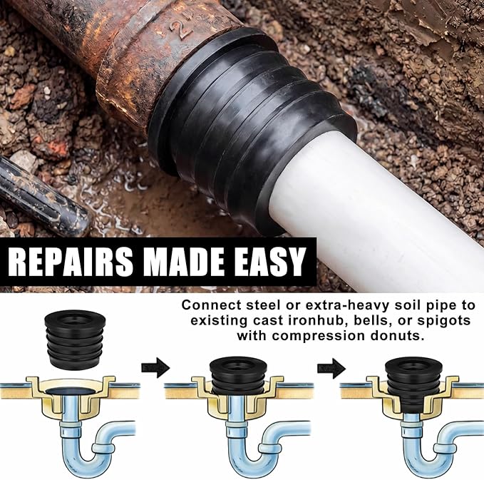 4 Pack 2'' to 1.5'' Cast Iron Hub to PVC Adapter Sewer Pipe Repair Kit Flexible Seal Fitting for Schedule Pipes Leak Resistant Corrosion Proof Durable