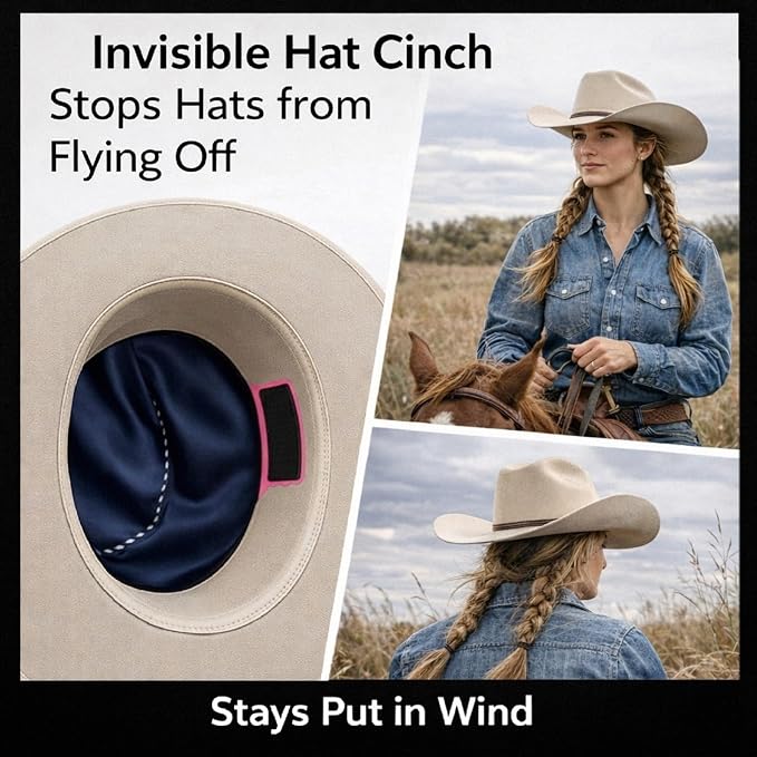 Cowboy Hat Retainer, Silicone Hat Size Reducer Rodeo | hard sweatband fit, leather band compatibility, hidden interior grip, wind control, felt and straw styles, rider accessory