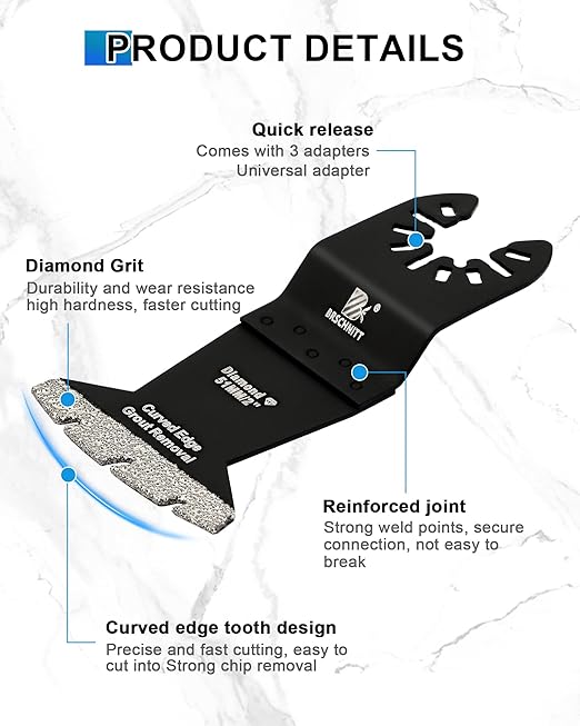 Oscillating Saw Blades Set 4PCS - 2''*2/3''*2 Universal Multitool Blades for Grit Grout Removal, Quick Release Curved Edge Multi Tool Kit for Tile, Air Brick, Cement, Concrete, Masonry