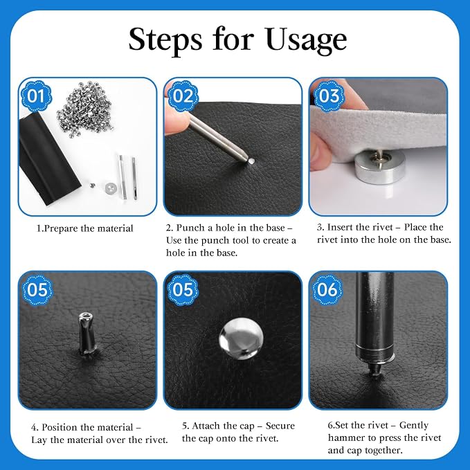 100 Sets Leather Rivets 9x8mm Double Cap Rivets Snaps Metal Studs Fasteners with 3pcs Setting Tools for Leather Craft DIY Repair Decoration, Silver Tone