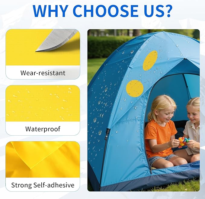 Waterproof Self-Adhesive Nylon Fabric Repair Tape - Tent Repair Kit,48pcs Fabric Patches for Tent, Jacket, Clothes, Puffer Down Jacket,Sleeping Bag, Outdoor Gear Tenacious Repairs Tape, Yellow