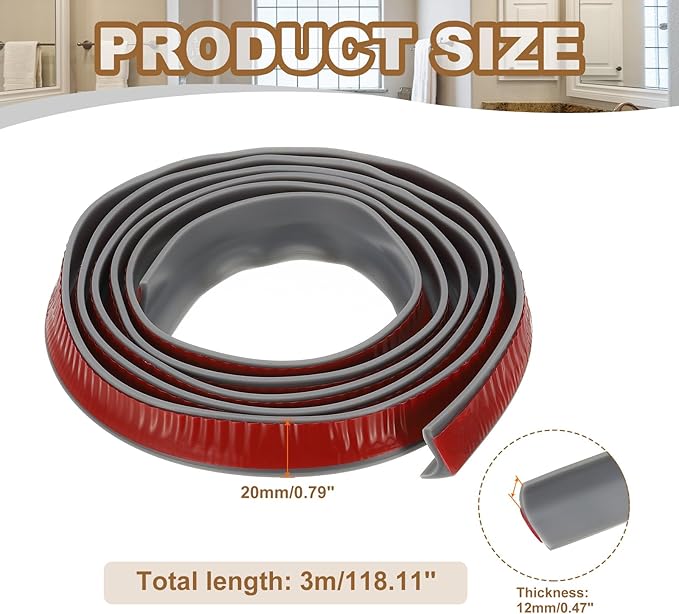 PATIKIL 118 Inch Collapsible Shower Threshold Water Dam Guard, Shower Stopper Barrier Self Adhesive Sink Splash Guard for Frameless Shower Door Bottom, Gray (0.8"Wx0.5"T)