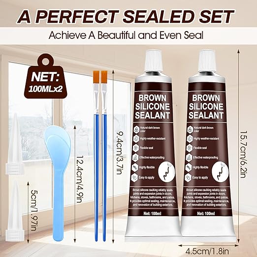 2 PCS Brown Caulk, 100% Waterproof Brown Silicone Caulk for Bathroom Shower Kitchen Tile Floor Sealing, Stronger Adhesion, Shrink & Crack Proof, with a Scraper for Applying Evenly, 100mlx2