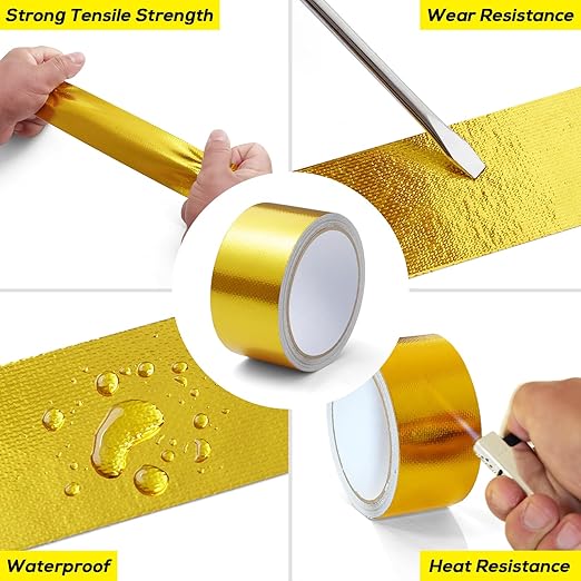 Aluminum Foil Tape, 2in x 15FT Fiberglass Heat Shield Tape, Golden Self-Adhesive Heat ReflectiveTape, Exhaust Heat Resistant Tape, for Hose and Auto Use