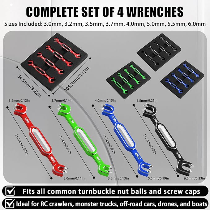 4PCS RC Wrench 3.0/3.2/3.5/3.7/4.0/5.0/5.5/6.0mm Turnbuckle Nut Ball Joint Remover Aluminum Alloy RC Car Repair Tool For RC Crawler Monster Truck Off Road Car Drone Boat Upgrade Parts, Green