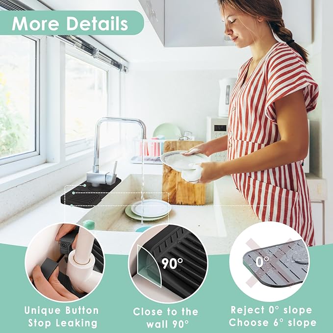 24 Inch Silicone Faucet Mat for Kitchen Sink Splash Guard - 7° Slope Water Draining Mat With Fasten Button for Bathroom Area (Black, 14.6''x5.5'')