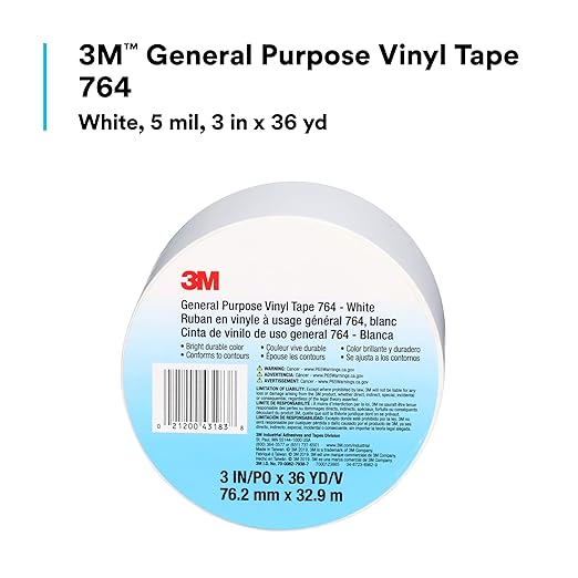 3M Vinyl Tape 764, General Purpose, 3 in x 36 yd, White, 1 Roll, Light Traffic Floor Marking Tape, Social Distancing, Color Coding, Safety, Bundling