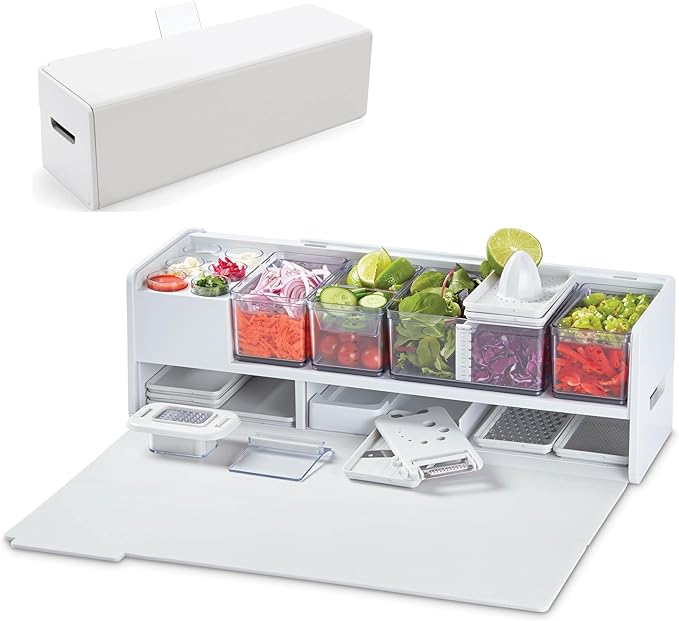 Prepdeck Gen 2 Recipe Prep & Storage Station - 8 Essential Tools + Deluxe Cutting Board, 14 Plastic Containers + Super-Seal Lids, Removable Trash Compartments, Tablet Stand Included - White Stone